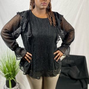 Black Sheer-Sleeve Ruffle Top
